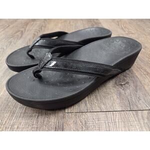 Vionic High Tide II Toe Post Black Flip Flops Patent Leather Sandals Shoe 11